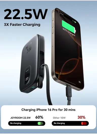 10000mAh 22.5W Digital Display Fast Charging Power Bank with Type-C Cable JR-PBF17 - Black