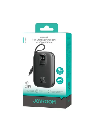 10000mAh 22.5W Digital Display Fast Charging Power Bank with Type-C Cable JR-PBF17 - Black