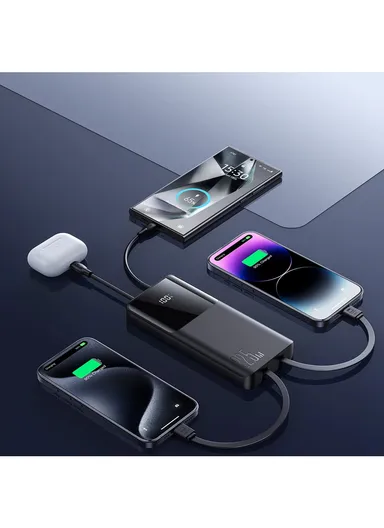 10000mAh 22.5W Digital Display Fast Charging Power Bank With Dual Cables Type-C + Lightning iPhone JR-PBF19 - Black