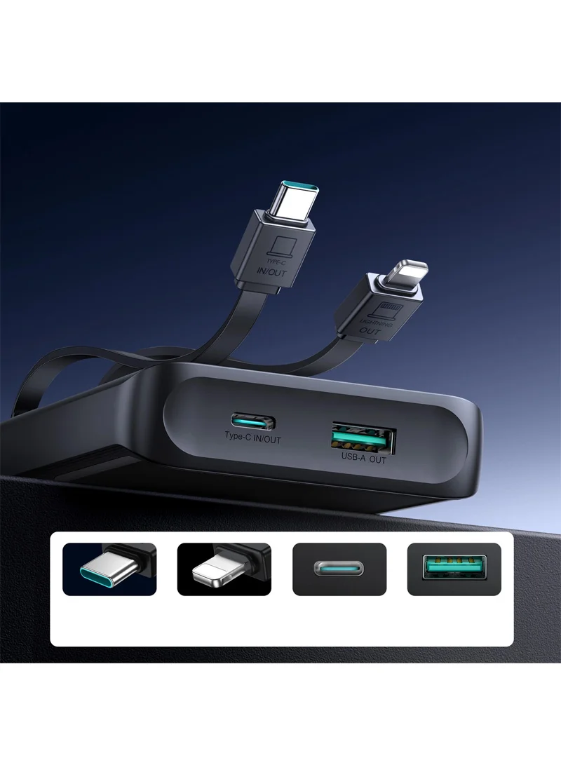 10000mAh 22.5W Digital Display Fast Charging Power Bank With Dual Cables Type-C + Lightning iPhone JR-PBF19 - Black