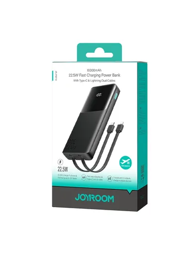 10000mAh 22.5W Digital Display Fast Charging Power Bank With Dual Cables Type-C + Lightning iPhone JR-PBF19 - Black
