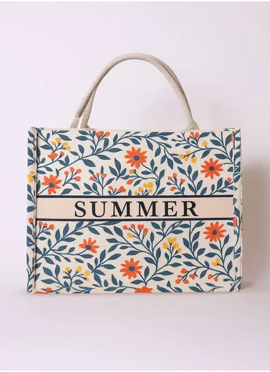 Summer Floral Print Beach Tote Bag - Large Woven Straw Shoulder Bag with Rope Handles BT-M028 - Multicolor