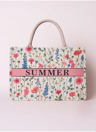 Summer Floral Print Beach Tote Bag - Large Woven Straw Shoulder Bag with Rope Handles BS-K004 - Multicolor