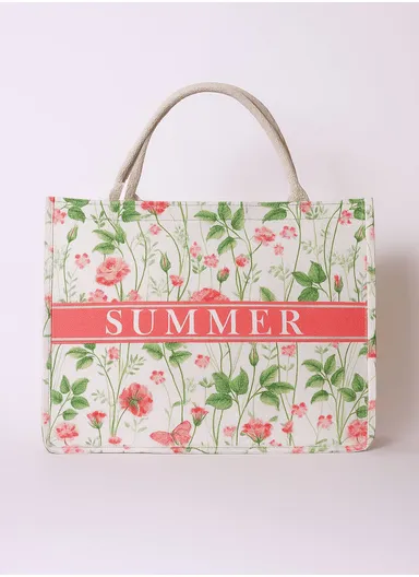 Summer Floral Print Beach Tote Bag - Large Woven Straw Shoulder Bag with Rope Handles BS-K007 - Multicolor