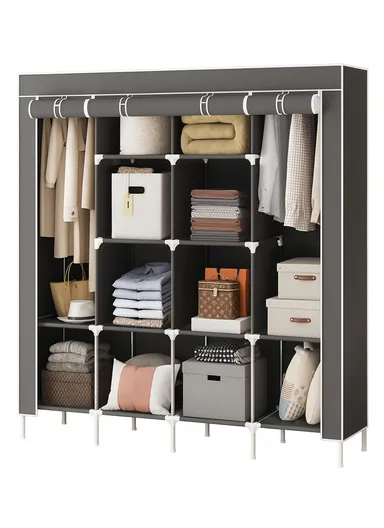 4-Section Non-Woven Fabric Cloth Boxes Cabinet with 2 Hanging Rails, Multi-Use Large Space Dustproof Cloth Boxes Cabinet with Side Cloth 28170 (W170 x D45 x H170)cm - Grey