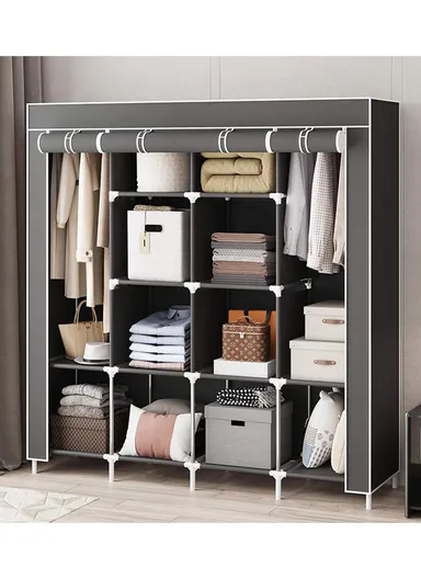 4-Section Non-Woven Fabric Cloth Boxes Cabinet with 2 Hanging Rails, Multi-Use Large Space Dustproof Cloth Boxes Cabinet with Side Cloth 28170 (W170 x D45 x H170)cm - Grey