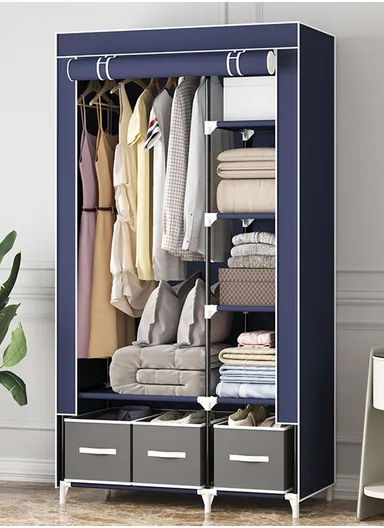 2-Section Non-Woven Fabric Cloth Boxes Cabinet with Hanging Rails &amp; 3 Fabric Drawers, Multi-Use Large Space Dustproof Cloth Boxes Cabinet YY8108 (W95 x D45 x H165)cm - Navy Blue