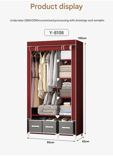 2-Section Non-Woven Fabric Cloth Boxes Cabinet with Hanging Rails &amp; 3 Fabric Drawers, Multi-Use Large Space Dustproof Cloth Boxes Cabinet YY8108 (W95 x D45 x H165)cm - Navy Blue