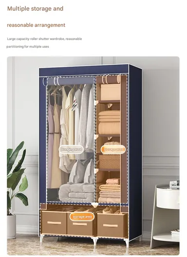 2-Section Non-Woven Fabric Cloth Boxes Cabinet with Hanging Rails &amp; 3 Fabric Drawers, Multi-Use Large Space Dustproof Cloth Boxes Cabinet YY8108 (W95 x D45 x H165)cm - Navy Blue