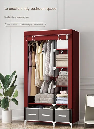 2-Section Non-Woven Fabric Cloth Boxes Cabinet with Hanging Rails &amp; 3 Fabric Drawers, Multi-Use Large Space Dustproof Cloth Boxes Cabinet YY8108 (W95 x D45 x H165)cm - Navy Blue