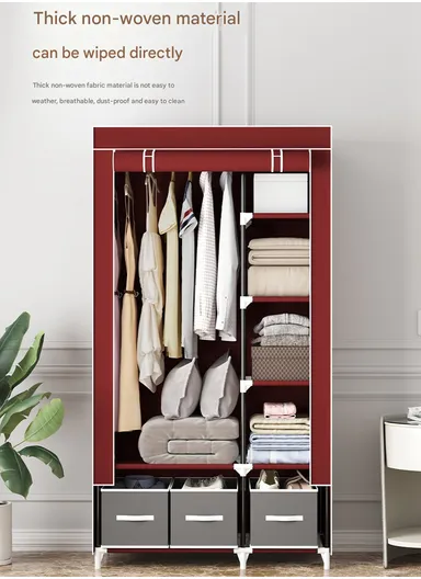 2-Section Non-Woven Fabric Cloth Boxes Cabinet with Hanging Rails &amp; 3 Fabric Drawers, Multi-Use Large Space Dustproof Cloth Boxes Cabinet YY8108 (W95 x D45 x H165)cm - Navy Blue