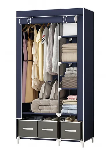 2-Section Non-Woven Fabric Cloth Boxes Cabinet with Hanging Rails &amp; 3 Fabric Drawers, Multi-Use Large Space Dustproof Cloth Boxes Cabinet YY8108 (W95 x D45 x H165)cm - Navy Blue