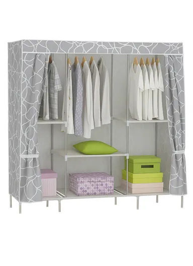 3-Section Non-Woven Fabric Cloth Boxes Cabinet with 3 Hanging Rails, Multi-Use Large Space Dustproof Boxes Cabinet (W148 x D45 x H170)cm - Beige