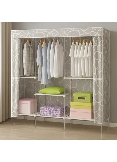 3-Section Non-Woven Fabric Cloth Boxes Cabinet with 3 Hanging Rails, Multi-Use Large Space Dustproof Boxes Cabinet (W148 x D45 x H170)cm - Beige