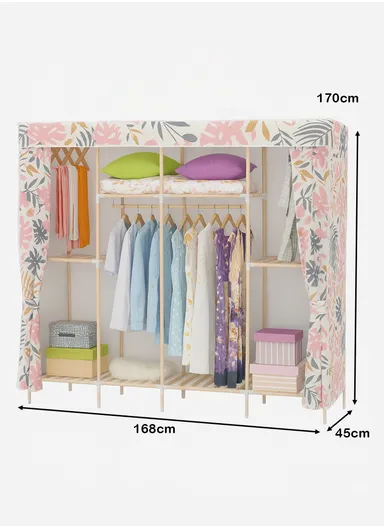 4-Section Non-Woven Fabric Cloth Boxes Cabinet with 2 Hanging Rails, Multi-Use Large Space Dustproof Boxes Cabinet (W168 x D45 x H170)cm - Leaves Patterns Style