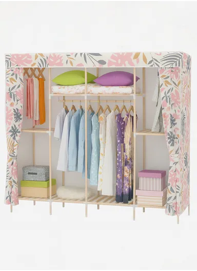 4-Section Non-Woven Fabric Cloth Boxes Cabinet with 2 Hanging Rails, Multi-Use Large Space Dustproof Boxes Cabinet (W168 x D45 x H170)cm - Leaves Patterns Style