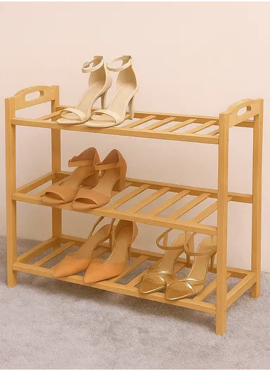 3-Layer Portable &amp; Durable Bamboo Wood Shoe Rack Shelf Storage Organizer Free Standing with Handle (W68 x D23 x H51)cm
