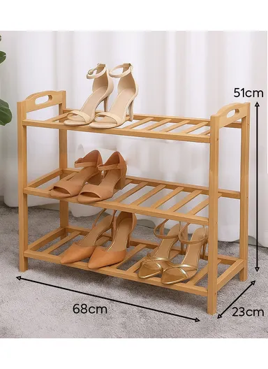 3-Layer Portable &amp; Durable Bamboo Wood Shoe Rack Shelf Storage Organizer Free Standing with Handle (W68 x D23 x H51)cm