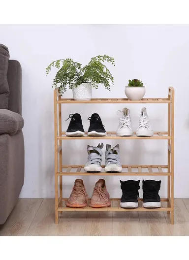 3-Layer Portable &amp; Durable Bamboo Wood Shoe Rack Shelf Storage Organizer Free Standing with Handle (W68 x D23 x H51)cm