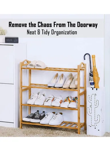 3-Layer Portable &amp; Durable Bamboo Wood Shoe Rack Shelf Storage Organizer Free Standing with Handle (W68 x D23 x H51)cm