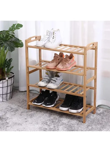 3-Layer Portable &amp; Durable Bamboo Wood Shoe Rack Shelf Storage Organizer Free Standing with Handle (W68 x D23 x H51)cm