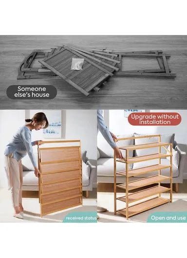 5 Layer Brown Free-Installation Folding Wood Shoe Rack