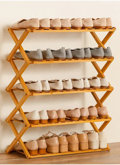 5-Layer Lightweight Free-Installation Folding Storage Rack with Natural Wood Look