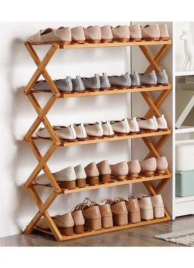 5-Layer Lightweight Free-Installation Folding Storage Rack with Natural Wood Look