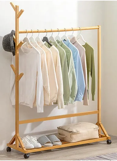 Freestanding Bamboo Clothes Rack, Multi-Functional Storage Organizer for Clothes, Bags &amp; Shoes YMJ-B - Brown