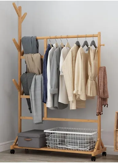 Freestanding Bamboo Clothes Rack, Multi-Purpose Wooden Organizer for Clothes, Shoes &amp; Accessories (L106 x W35 x H158 cm)