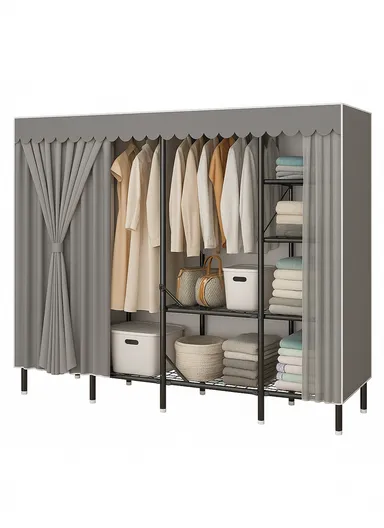 Multi-Layer Folding Wardrobe with Durable Fabric Cover &amp; Scalloped Edge SA9 - Grey