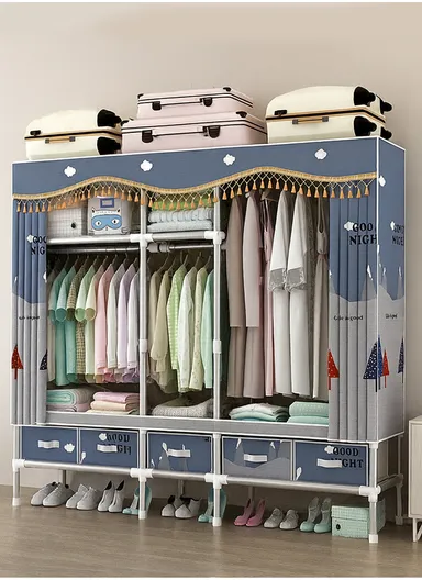 Extra-Large Portable Wardrobe with 25mm Steel Frame &amp; 5 Fabric Drawers T2005 - Blue Multicolor