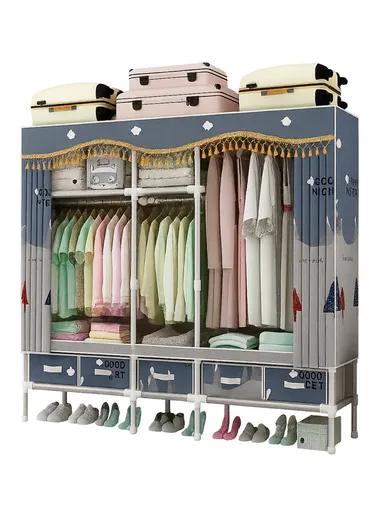 Extra-Large Portable Wardrobe with 25mm Steel Frame &amp; 5 Fabric Drawers T2005 - Blue Multicolor