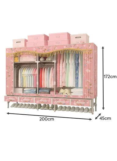 Extra-Large Portable Wardrobe with 25mm Steel Frame &amp; 5 Fabric Drawers T2005 - Pink Multicolor