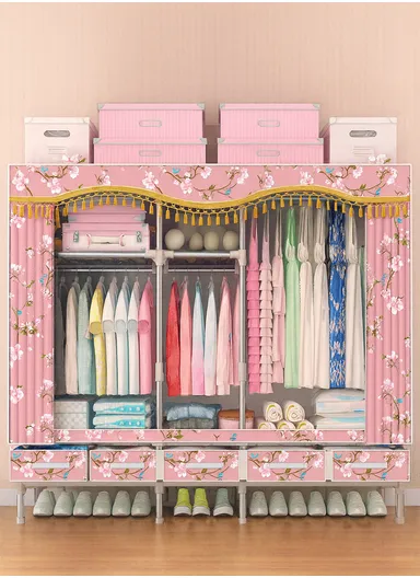 Extra-Large Portable Wardrobe with 25mm Steel Frame &amp; 5 Fabric Drawers T2005 - Pink Multicolor