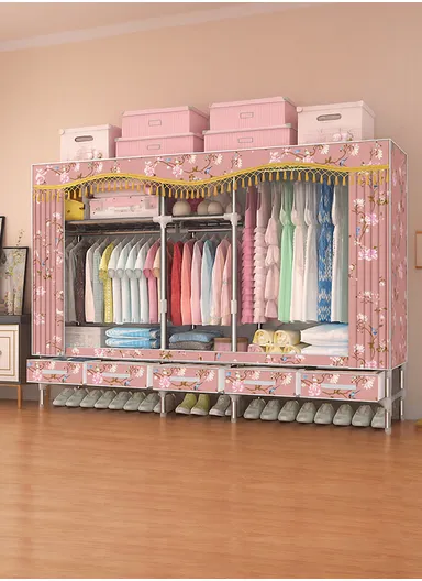 Extra-Large Portable Wardrobe with 25mm Steel Frame &amp; 5 Fabric Drawers T2005 - Pink Multicolor