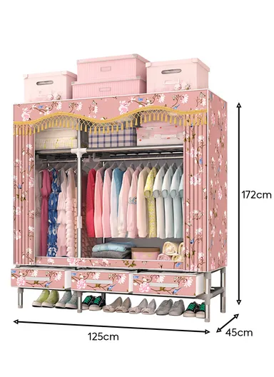 Extra-Large Portable Wardrobe with 25mm Steel Frame &amp; 3 Fabric Drawers T2003 - Pink Multicolor