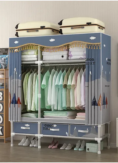 Extra-Large Portable Wardrobe with 25mm Steel Frame &amp; 3 Fabric Drawers T2003 - Blue Multicolor