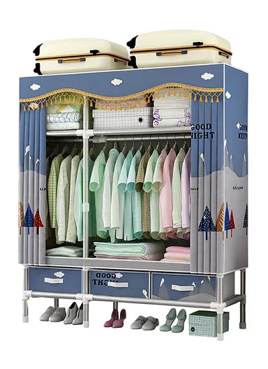 Extra-Large Portable Wardrobe with 25mm Steel Frame &amp; 3 Fabric Drawers T2003 - Blue Multicolor