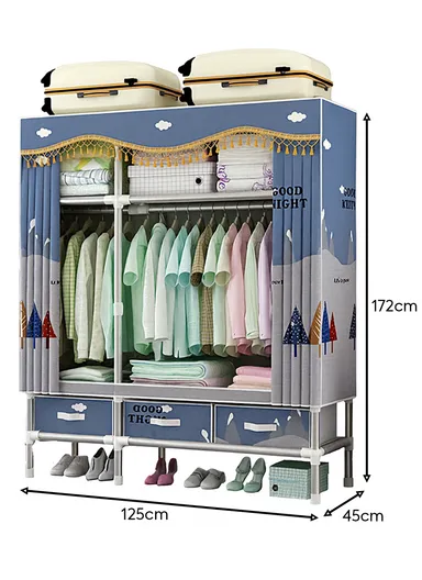 Extra-Large Portable Wardrobe with 25mm Steel Frame &amp; 3 Fabric Drawers T2003 - Blue Multicolor