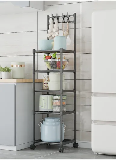5-Layer Kitchen Utility Storage Rack with Wheels &amp; Hanging Hooks YL8107-5 (L42 x W35 x H152)cm - Black