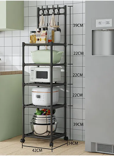 5-Layer Kitchen Utility Storage Rack with Wheels &amp; Hanging Hooks YL8107-5 (L42 x W35 x H152)cm - Black