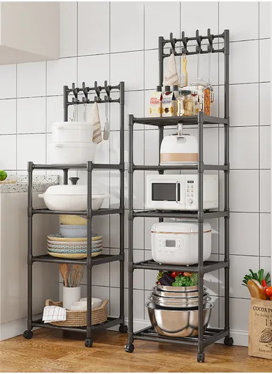 5-Layer Kitchen Utility Storage Rack with Wheels &amp; Hanging Hooks YL8107-5 (L42 x W35 x H152)cm - Black
