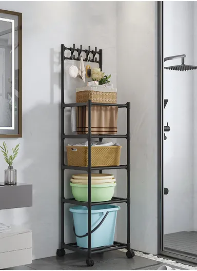 5-Layer Kitchen Utility Storage Rack with Wheels &amp; Hanging Hooks YL8107-5 (L42 x W35 x H152)cm - Black