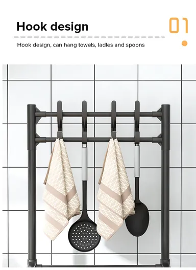 5-Layer Kitchen Utility Storage Rack with Wheels &amp; Hanging Hooks YL8107-5 (L42 x W35 x H152)cm - Black