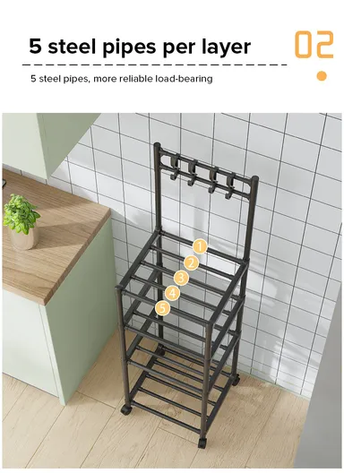 5-Layer Kitchen Utility Storage Rack with Wheels &amp; Hanging Hooks YL8107-5 (L42 x W35 x H152)cm - Black