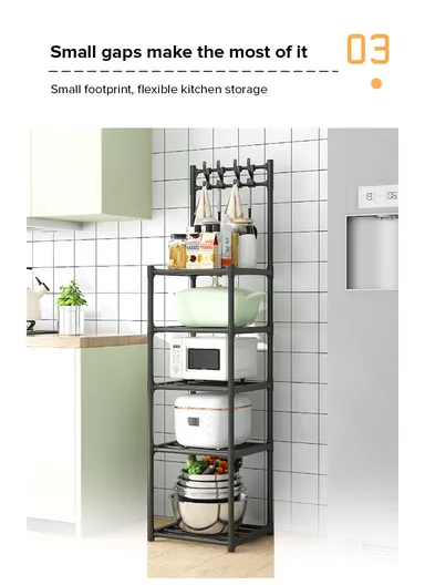 5-Layer Kitchen Utility Storage Rack with Wheels &amp; Hanging Hooks YL8107-5 (L42 x W35 x H152)cm - Black