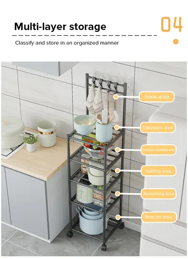 5-Layer Kitchen Utility Storage Rack with Wheels &amp; Hanging Hooks YL8107-5 (L42 x W35 x H152)cm - Black