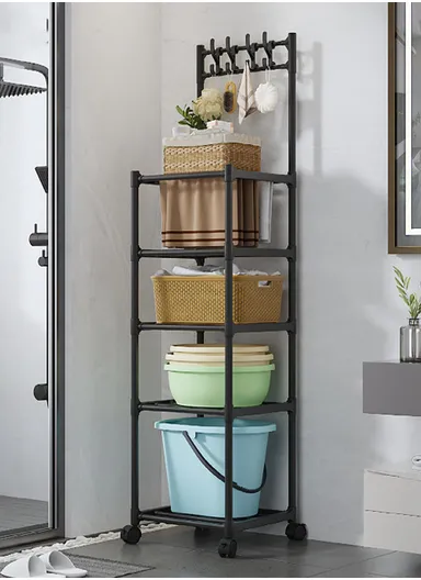 5-Layer Kitchen Utility Storage Rack with Wheels &amp; Hanging Hooks YL8107-5 (L42 x W35 x H152)cm - Black