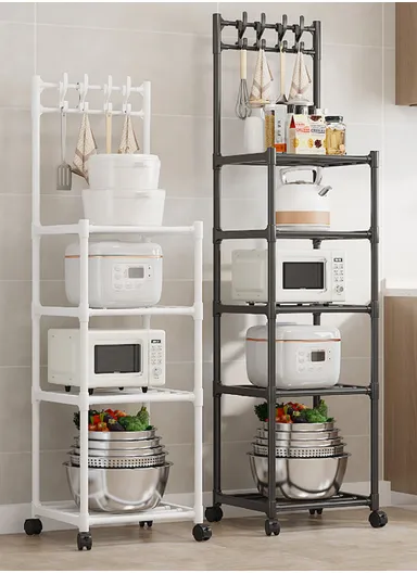 5-Layer Kitchen Utility Storage Rack with Wheels &amp; Hanging Hooks YL8107-5 (L42 x W35 x H152)cm - Black